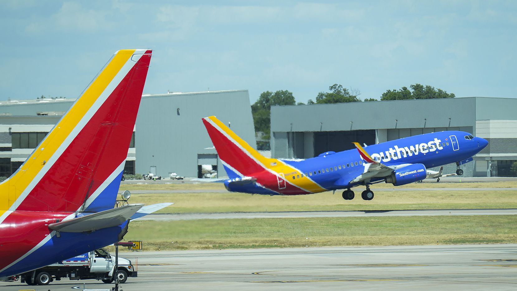 A Southwest Airlines plane took off at Dallas Love Field Airport on July 25, 2022.