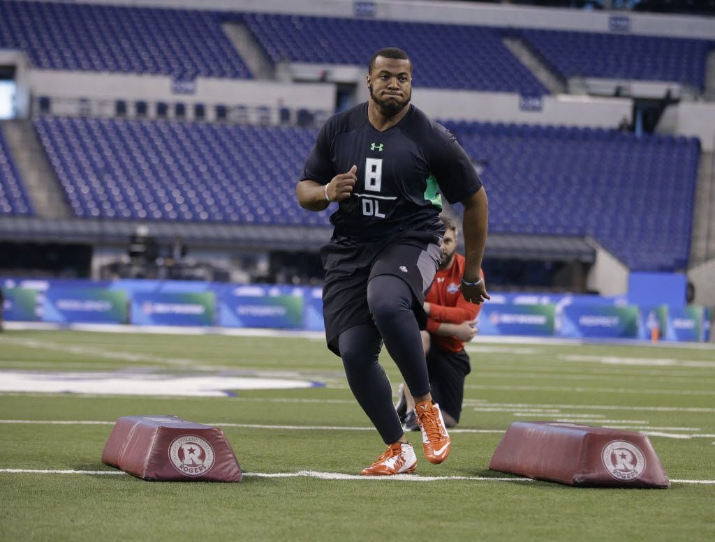Florida defensive lineman Jonathan Bullard runs a drill at the NFL football scouting combine on Tuesday, March 1, 2016, in Indianapolis. (AP Photo/Darron Cummings)