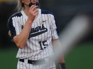 Flower Mound pitcher Landrie Harris (15) reacts after delivering a pitch to a Deer Park...