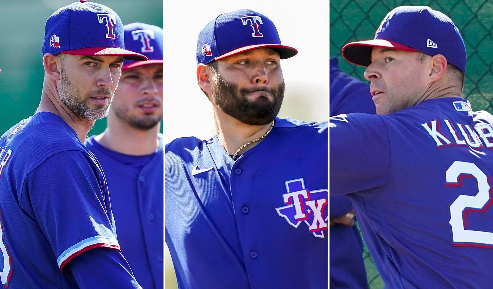 Texas Rangers pitchers Mike Minor, Lance Lynn, and Corey Kluber (L to R) at spring training.