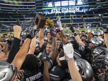 Denton Guyer celebrates after beating Cedar Hill in the Class 6A Division II area-round high school football playoff game at the AT&T Stadium in Arlington, Texas, on Saturday, November 23, 2019. (Lynda M. Gonzalez/The Dallas Morning News)