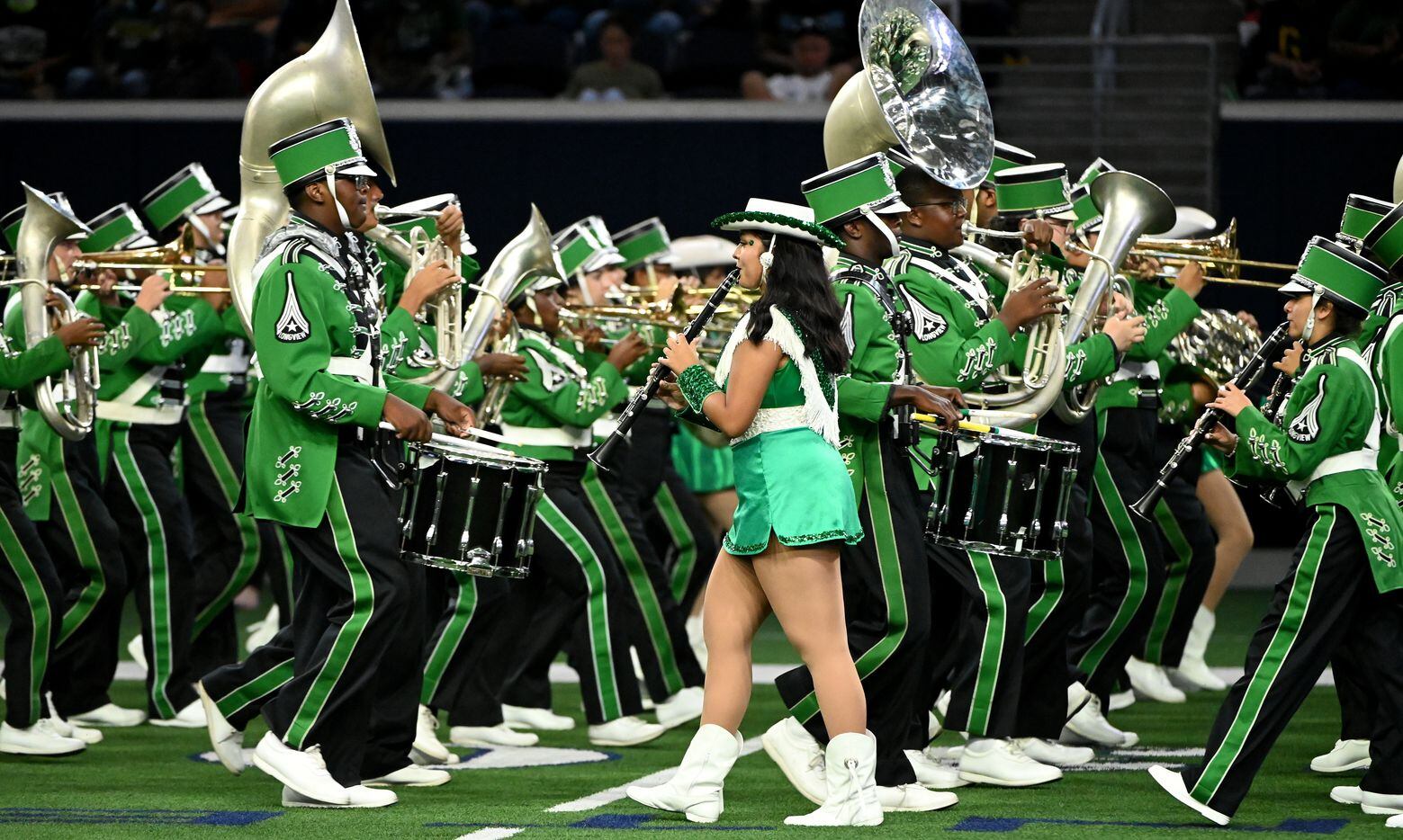 The Longview band performs during halftime of a high school football game between Longview and Denton Ryan, Saturday, Aug. 28, 2021, in Frisco, Texas. Denton Ryan won 40-7. (Matt Strasen/Special Contributor)