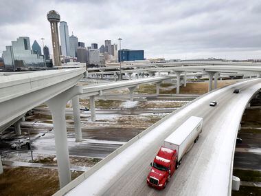 Traffic moves slowly across bridges comprising the Mix Master interchange in downtown Dallas...