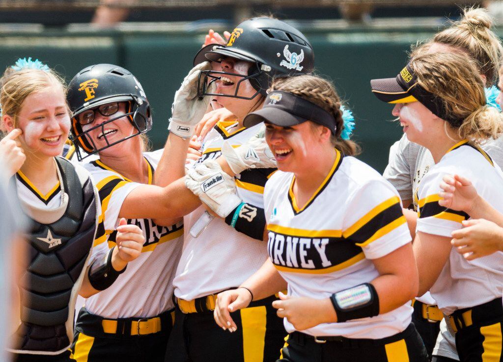Forney's Trinity Cannon (7) celebrates after hitting a home run during the eighth inning of...