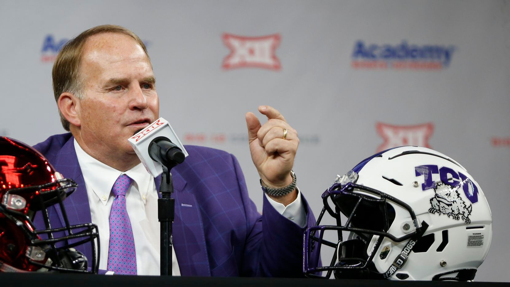 TCU head football coach Gary Patterson speaks during the Big 12 Conference Media Days at...