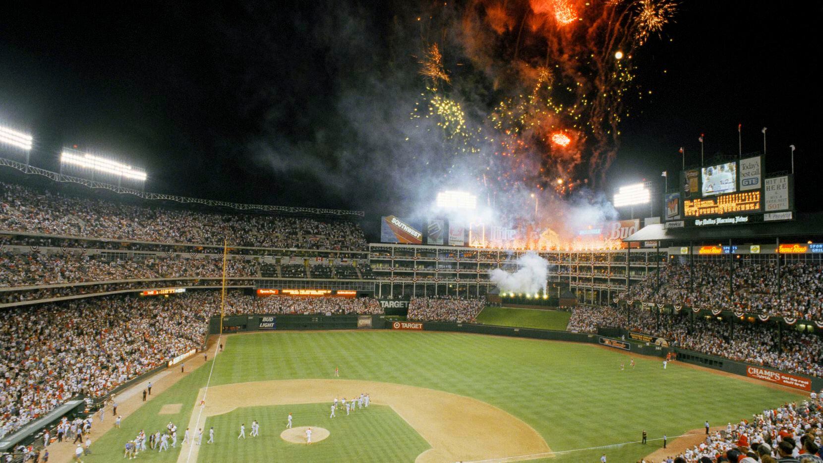 The National League celebrates with fireworks following Tuesday night's All Star game at The Ballpark in Arlington, July, 11, 1995. The National League defeated the American League 3-2 in nine innings.