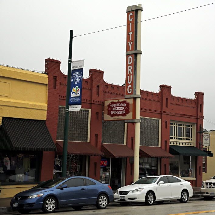 Shops along Main Street in the historic downtown Thursday, April 23, 2015 in Grapevine, Texas.