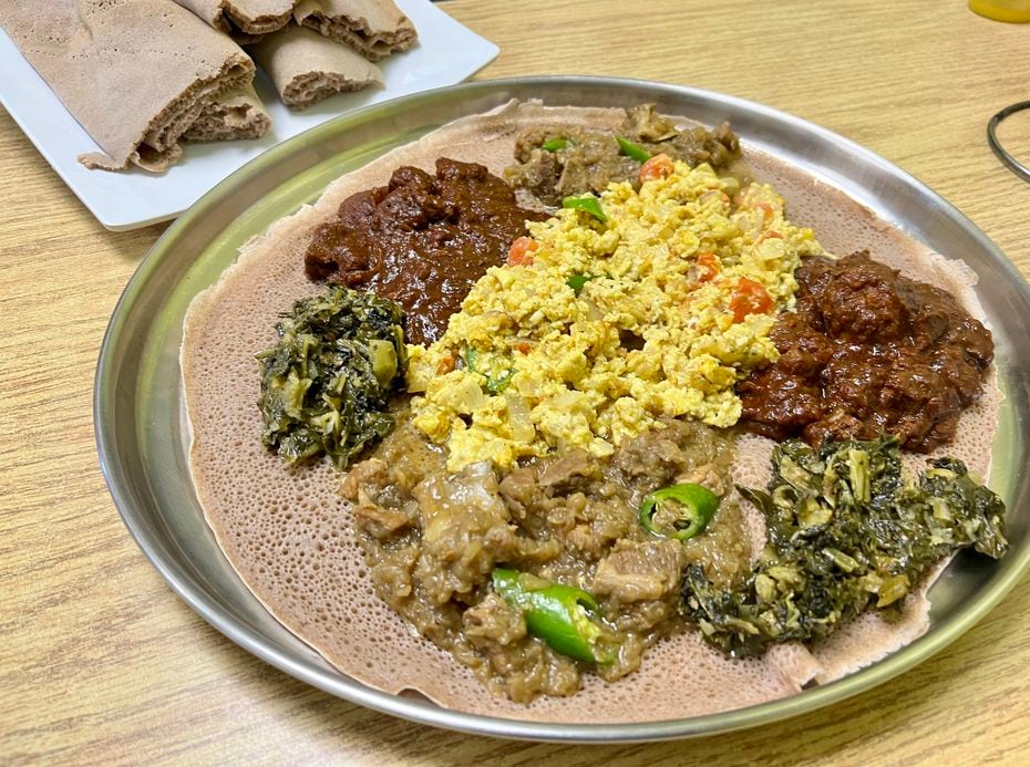 The lamb wot combo plate at Abeba Foods To Go in Dallas' Vickery Meadow