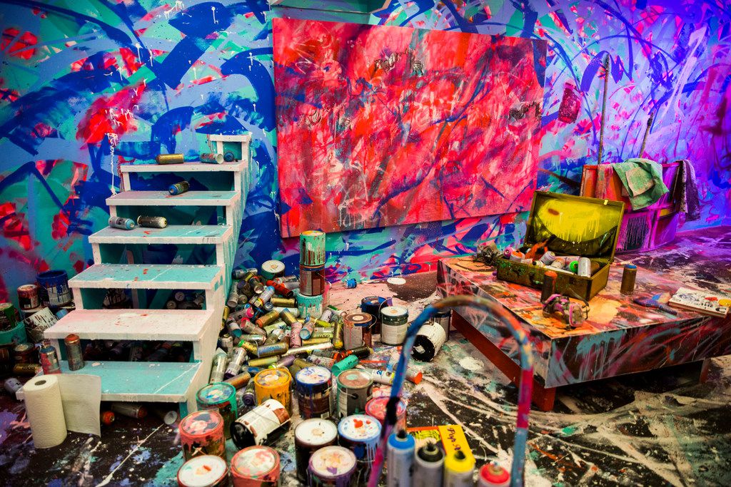 Artwork by not.travis depicts his workspace, moved into a room inside Psychedelic Robot.