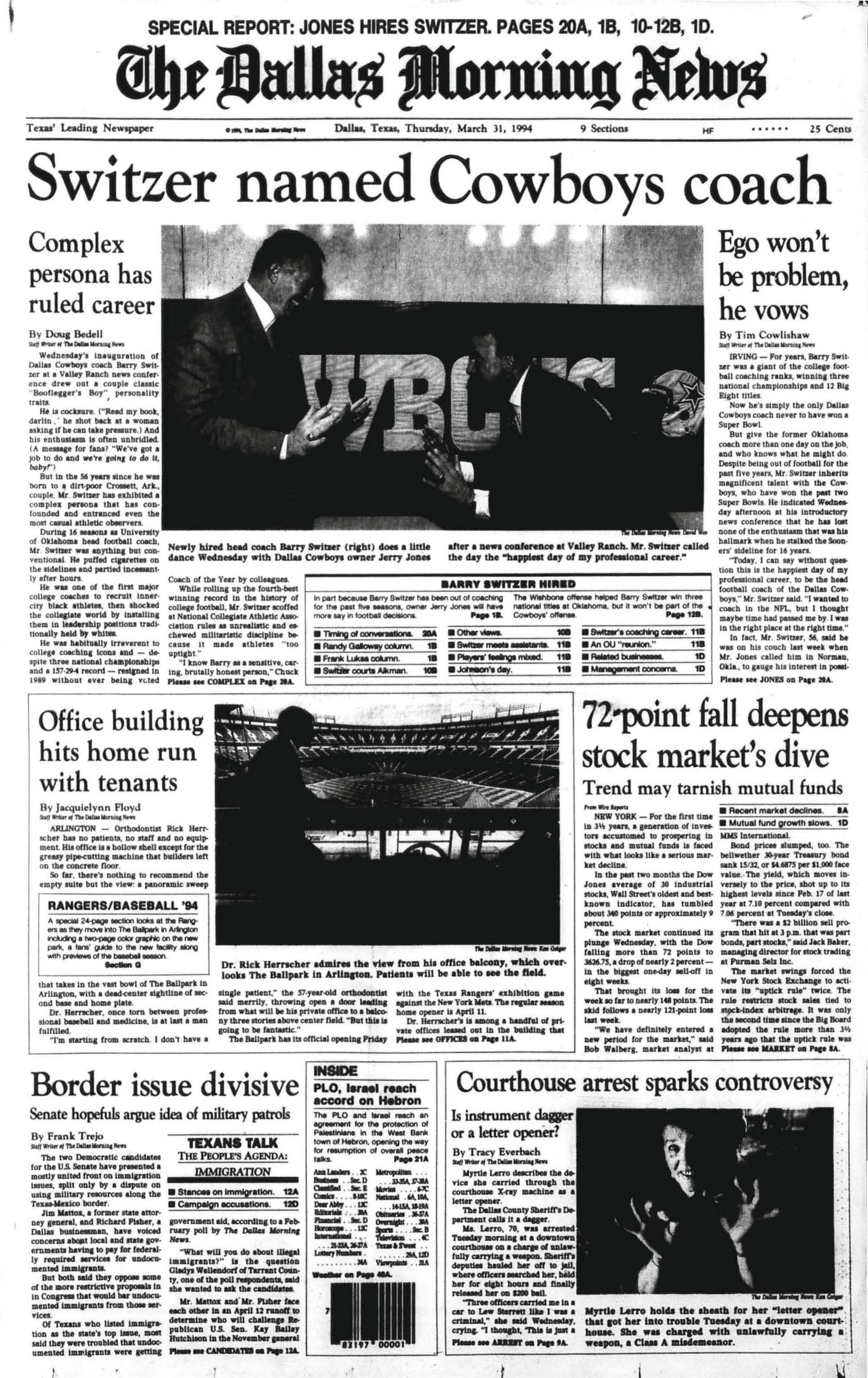 Front page of March 31, 1994, announcing Barry Switzer as the new head coach.