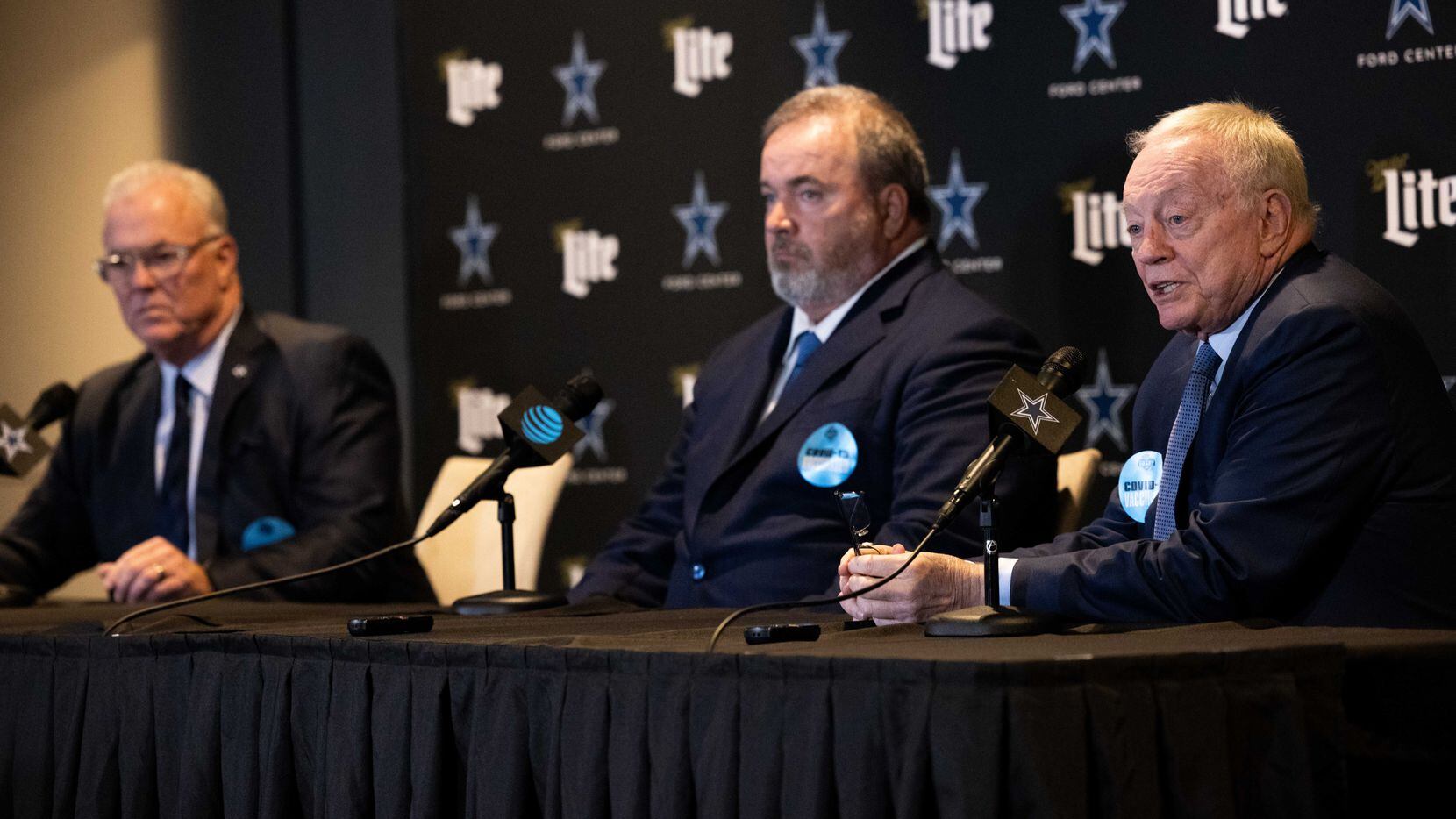 (From left) Dallas Cowboys CEO Stephen Jones, coach Mike McCarthy and Dallas Cowboys owner...