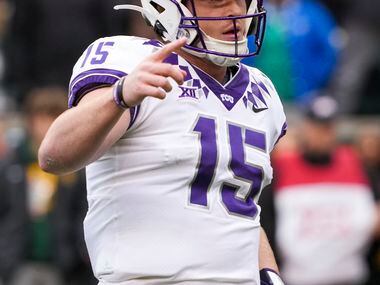 TCU quarterback Max Duggan (15) celebrates after a Horned Frogs touchdown during the first...