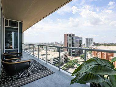 Terrace in a 2 bed, 2 bath apartment at The Victor in Dallas. (Lola Gomez / The Dallas...