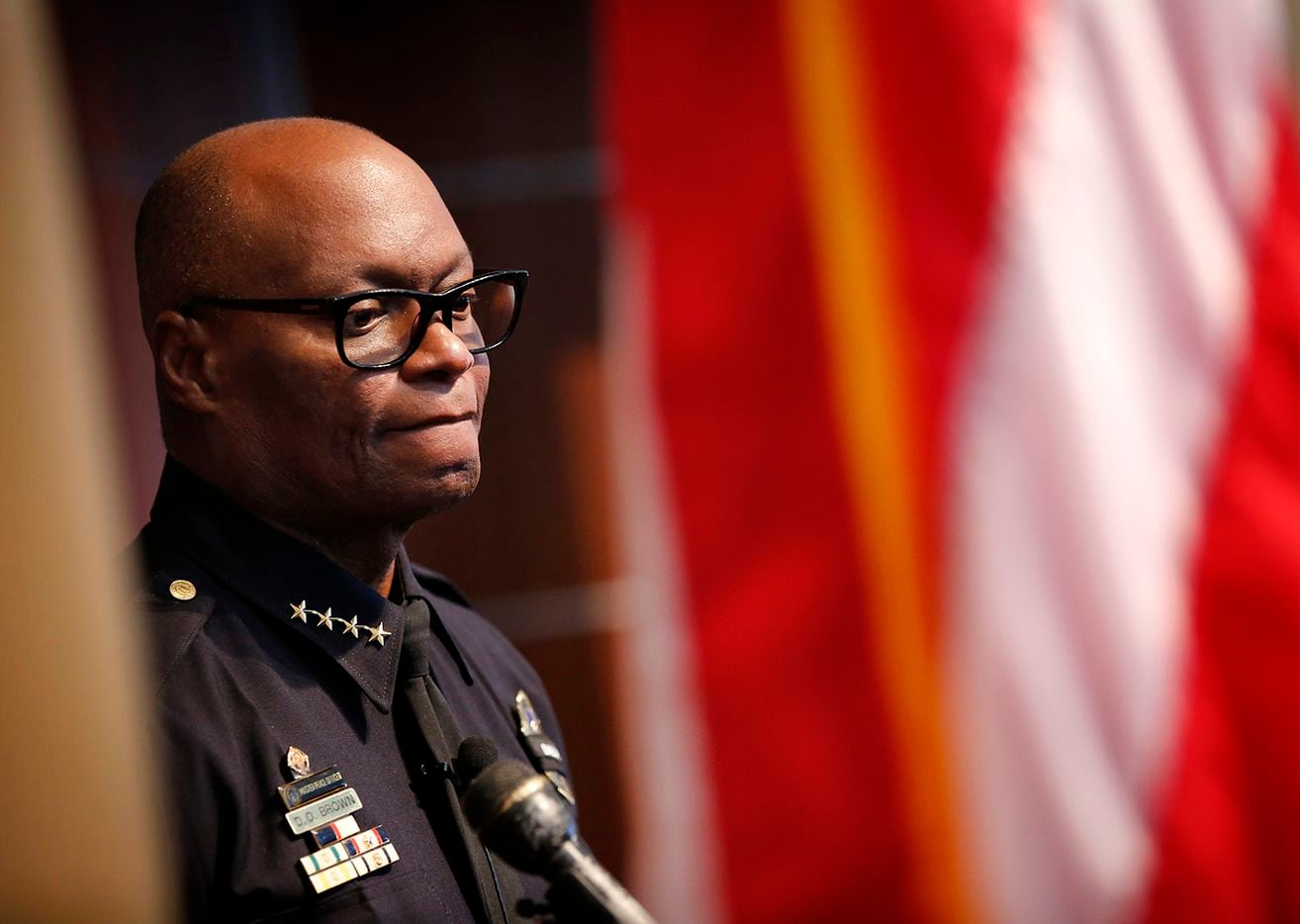 Dallas police chief David Brown listens to a question posed to him about last week's...