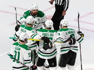 Jamie Benn (14), Alexander Radulov (47), Tyler Seguin (91), Joe Pavelski (16) and John Klingberg (3) of the Dallas Stars celebrate Pavelski&#39;s goal against the Tampa Bay Lightning during Game Two of the Stanley Cup Final at Rogers Place in Edmonton, Alberta, Canada on Monday, September 21, 2020.