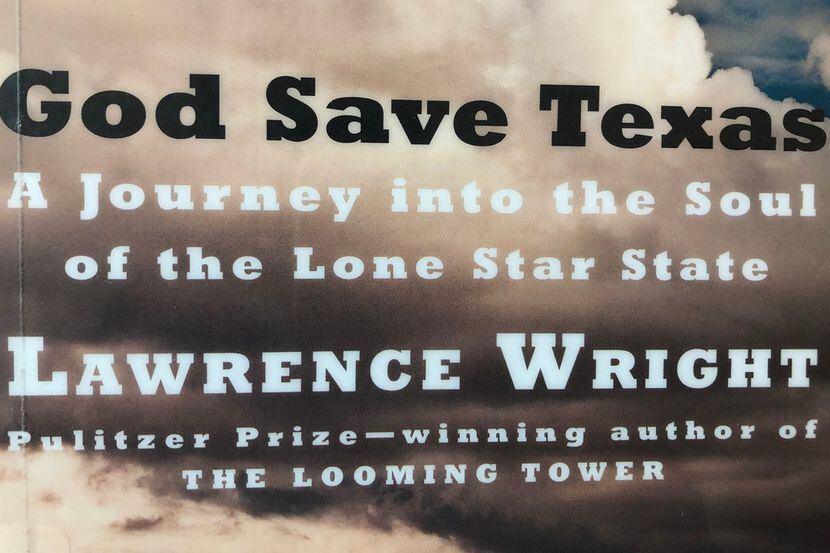 The cover of Lawrence Wright's "God Save Texas" inside the Haggard Library in Plano, Texas...