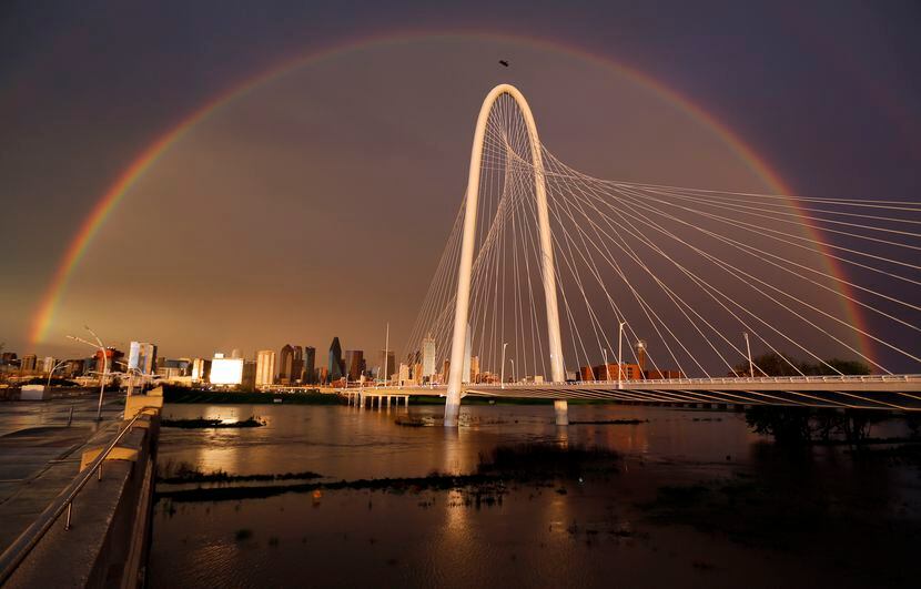 A full rainbow spans downtown Dallas, the rain-filled Trinity River and the Margaret Hunt...