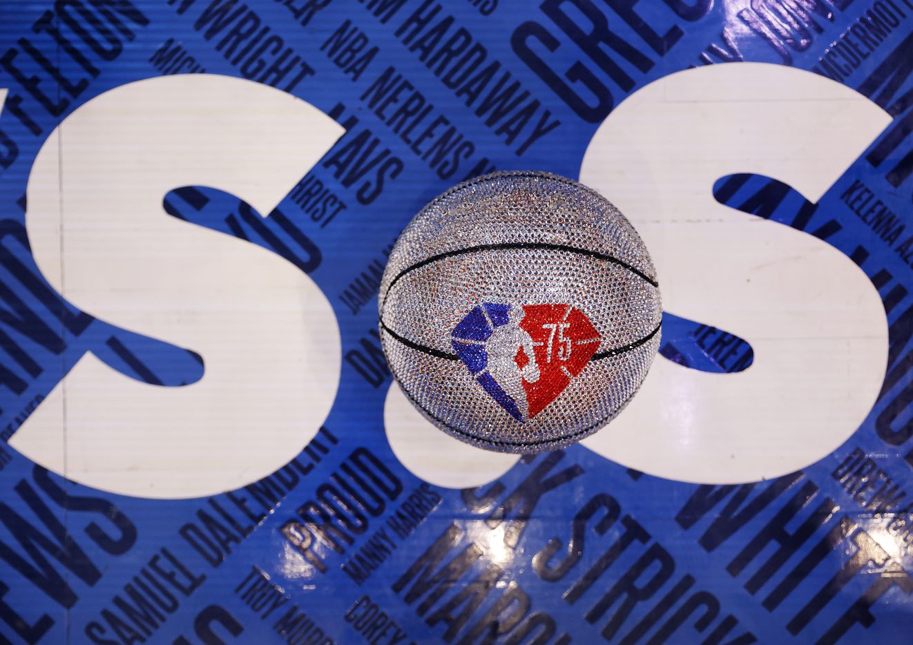 A NBA 75th Anniversary ball sits on the floor of the American Airlines Center before Game 1...
