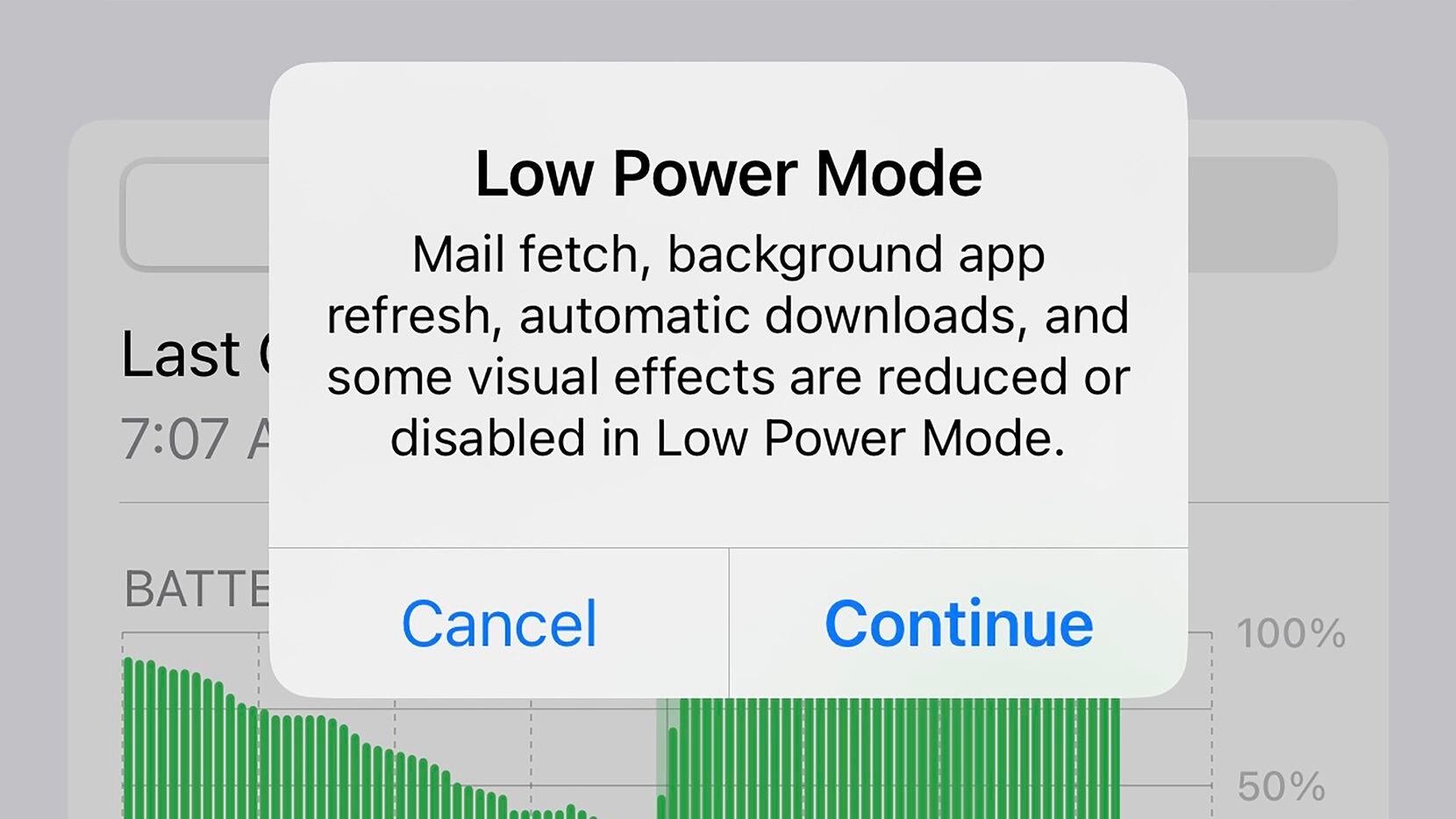 Low power mode on an iPhone reduces background activity like downloads and mail fetch.