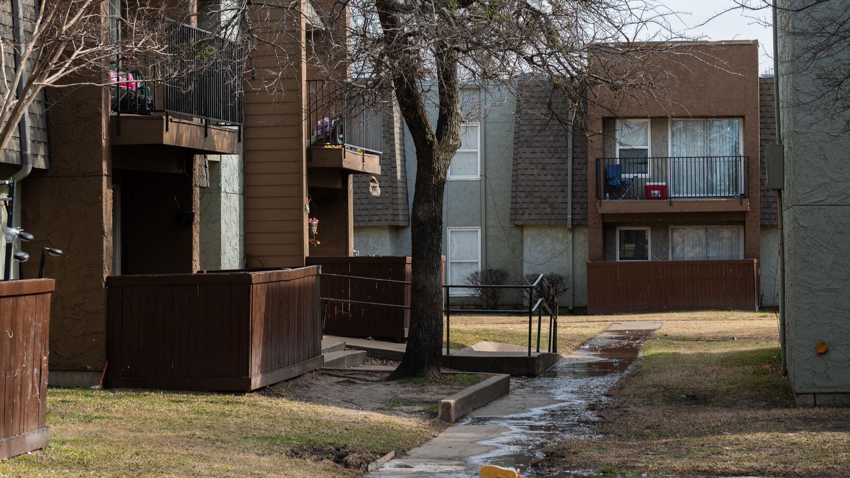 Sewer water flooded the sidewalks outside of units at the Hillcrest Apartments in Mesquite...
