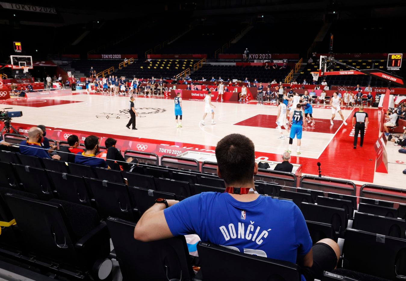 Luka Doncic fan Kristof Korsos of Hungary watches Slovenia play Argentina in the second half during the postponed 2020 Tokyo Olympics at Saitama Super Arena on Monday, July 26, 2021, in Saitama, Japan. Slovenia defeated Argentina 118-100. (Vernon Bryant/The Dallas Morning News)
