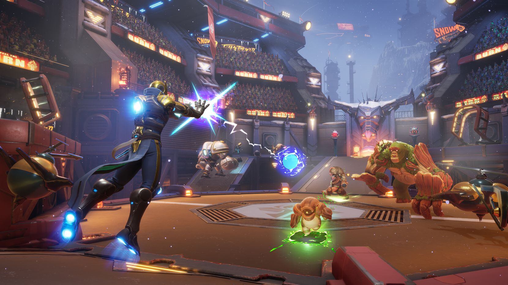 This game play capture shows game characters engaging in an arena-style battle.