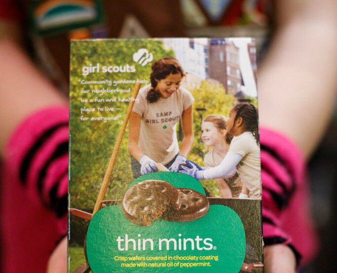A box of Girl Scout Cookies Thin Mints