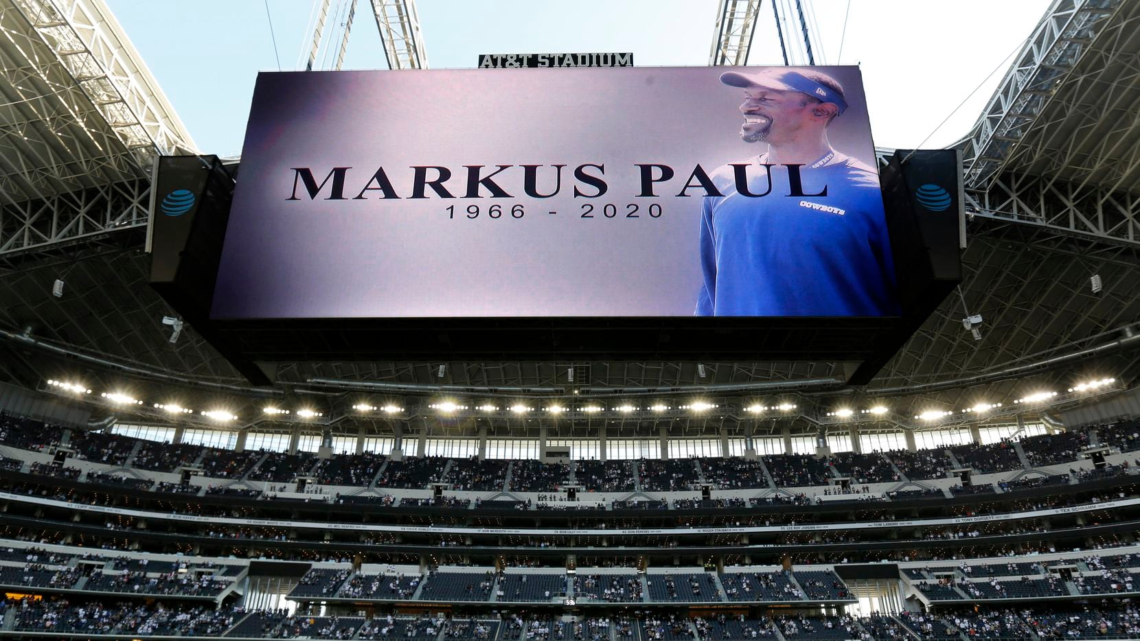 A moment of silence was held before the Washington Football Team game for Dallas Cowboys strength coach Markus Paul at AT&T Stadium in Arlington, Thursday, November 26, 2020. The Cowboys coach died unexpectedly this week.
