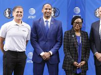 (from left) Dallas Mavericks owner Mark Cuban, new general manager Nico Harrison, CEO Cynt Marshall and new head coach Jason Kidd pose for photo following an introductory press conference at the American Airlines Center, Thursday, July 15, 2021.