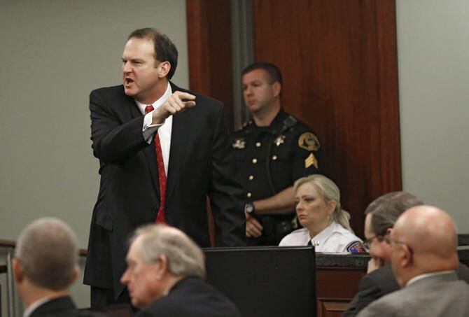 
Bill Wirskye pointed at Eric Williams during his closing arguments at the Rockwall County...