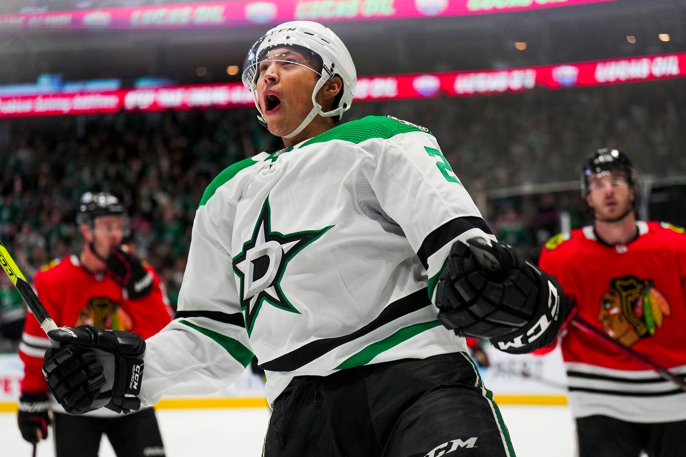 Dallas Stars left wing Jason Robertson (21) celebrates after a goal during the first period...