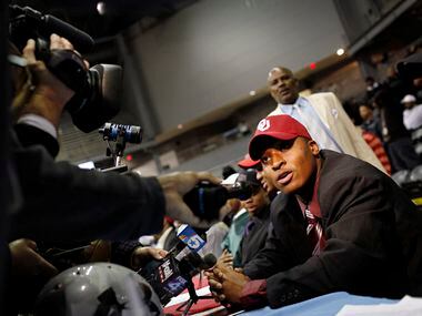 02/3/2010 -- Corey Nelson of Skyline High School is surrounded by media during the Dallas...