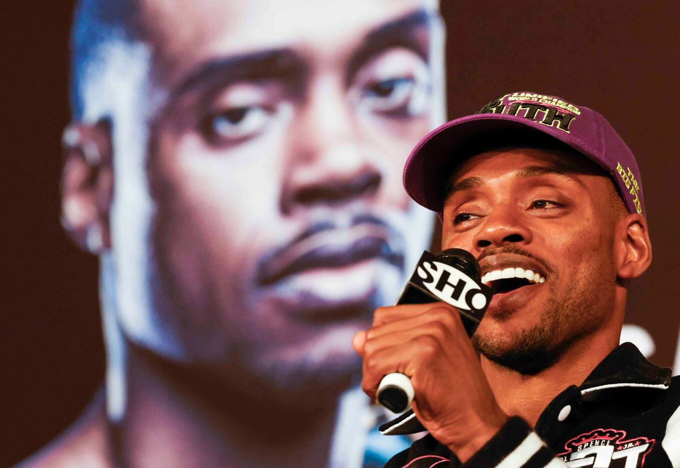 Errol Spence Jr., smiles as he speaks during a press conference ahead of his fight this...