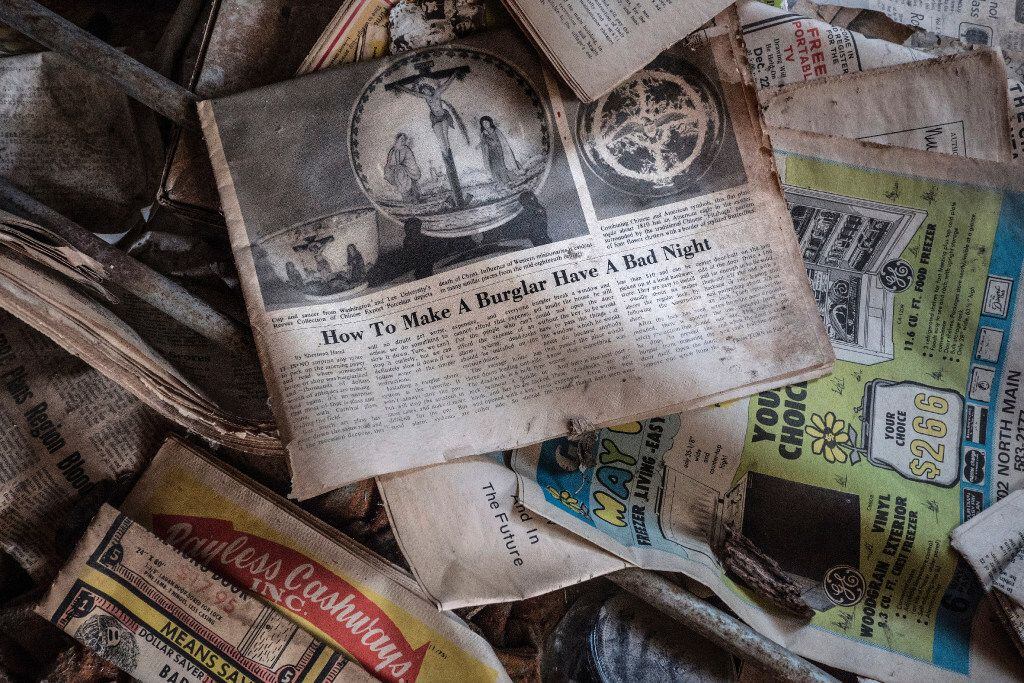 Newspapers from the 1970s in an abandoned house on FM 1743 near Windom, Texas, Feb. 25,...