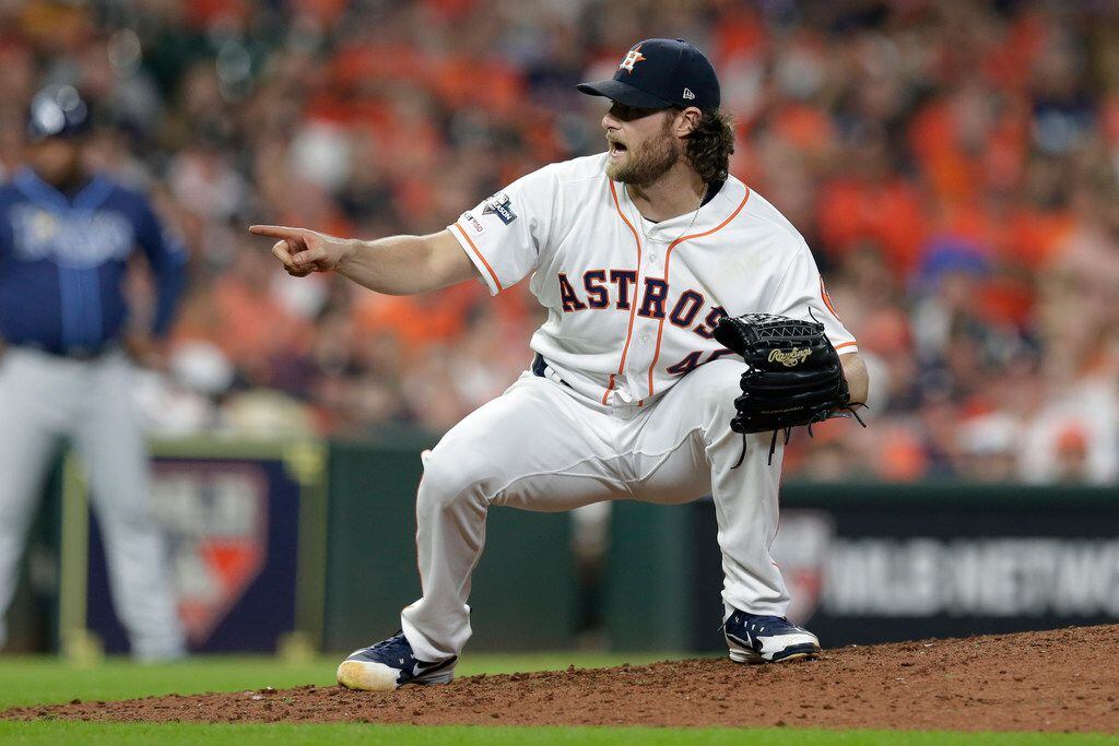 Houston Astros starting pitcher Gerrit Cole reacts to a call during the eighth inning of Game 2 of the baseball team's American League Division Series against the Tampa Bay Rays in Houston, Saturday, Oct. 5, 2019. (AP Photo/Michael Wyke)