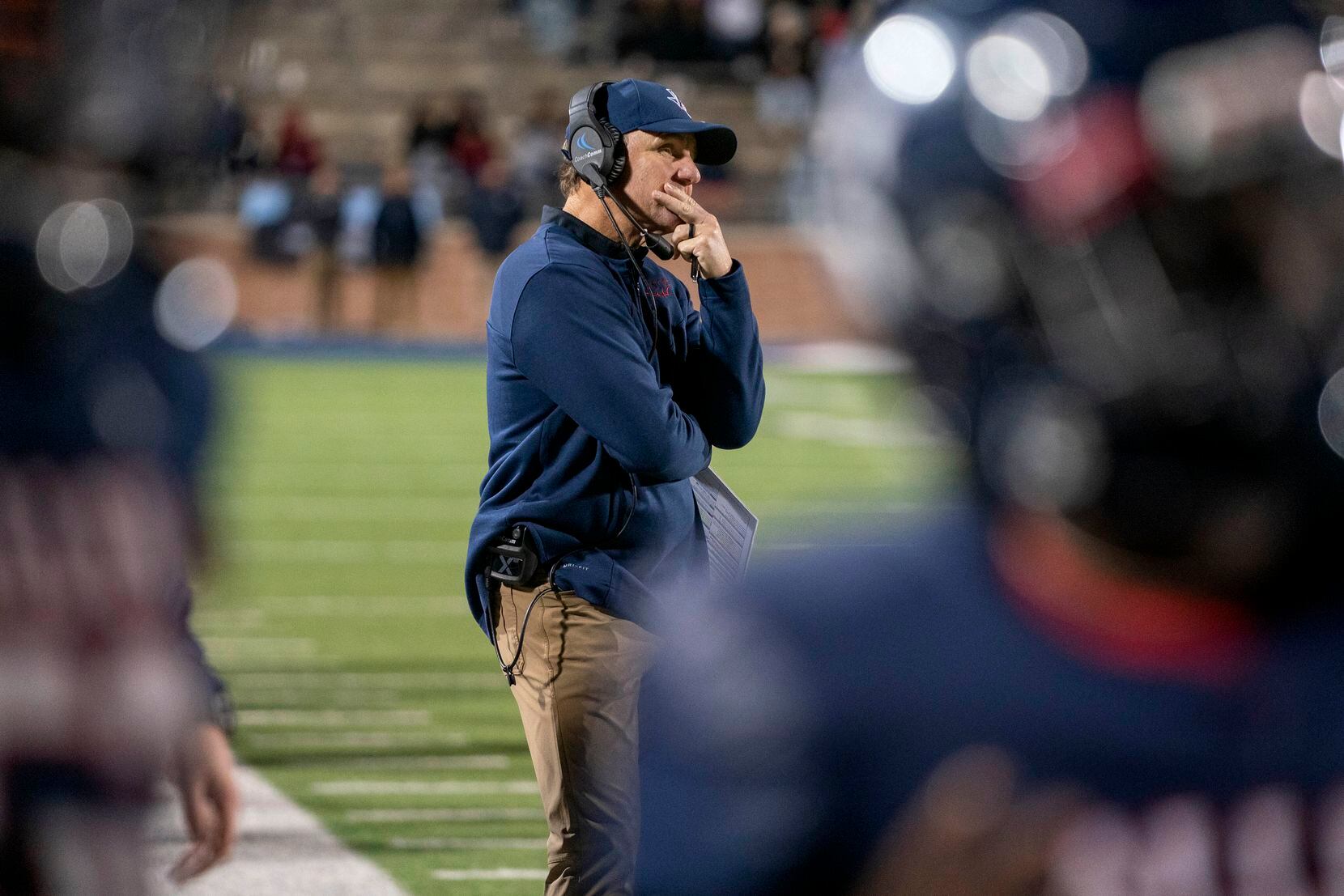 Allen head coach Chad Morris watches from the sidelines during the second half of a...