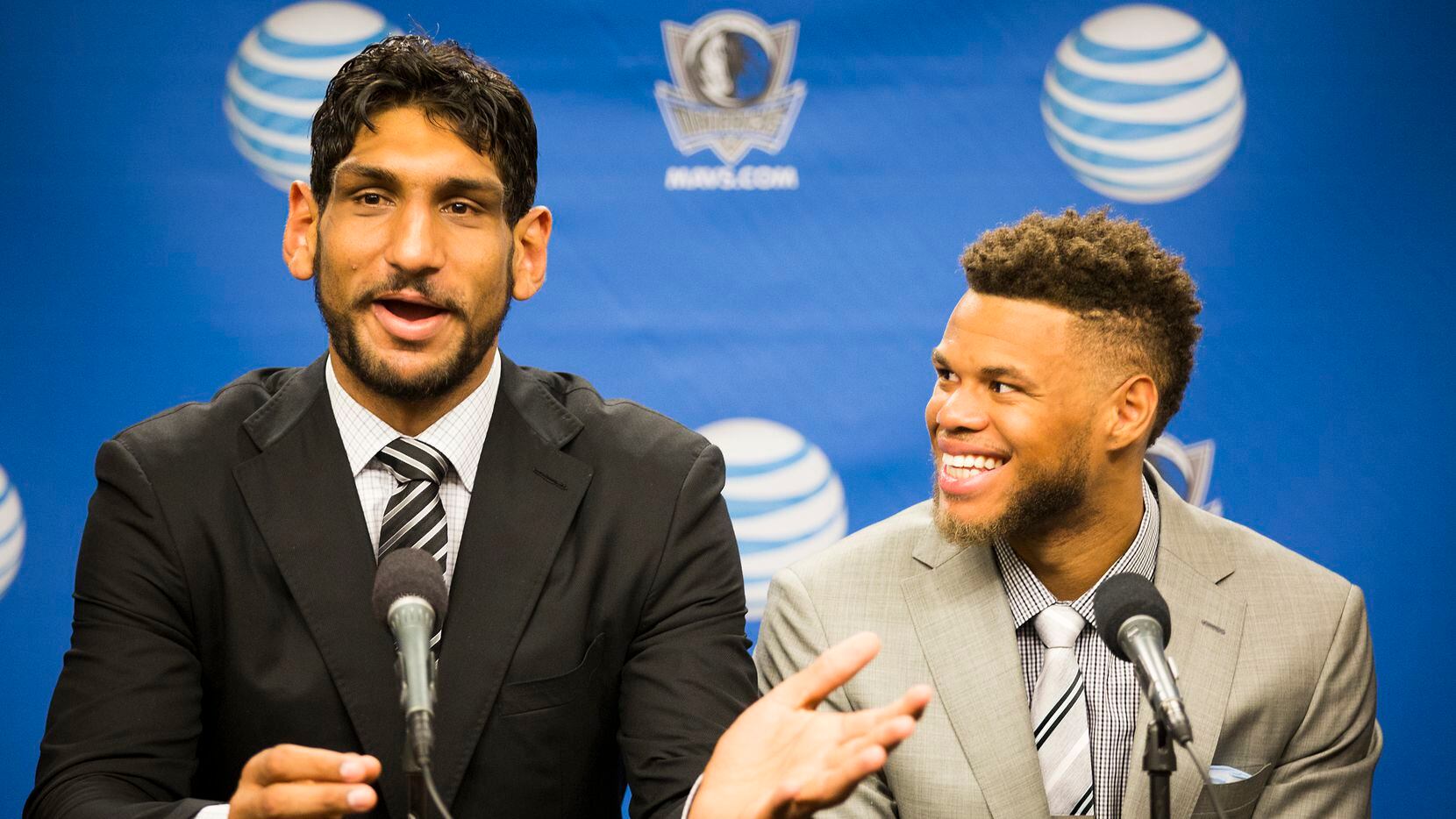 Dallas Mavericks draft pick Justin Anderson (right) listens as fellow pick Satnam Singh answers a question as the team introduces their 2015 draft picks during a press conference at American Airlines Center on Wednesday, July 8, 2015, in Dallas.