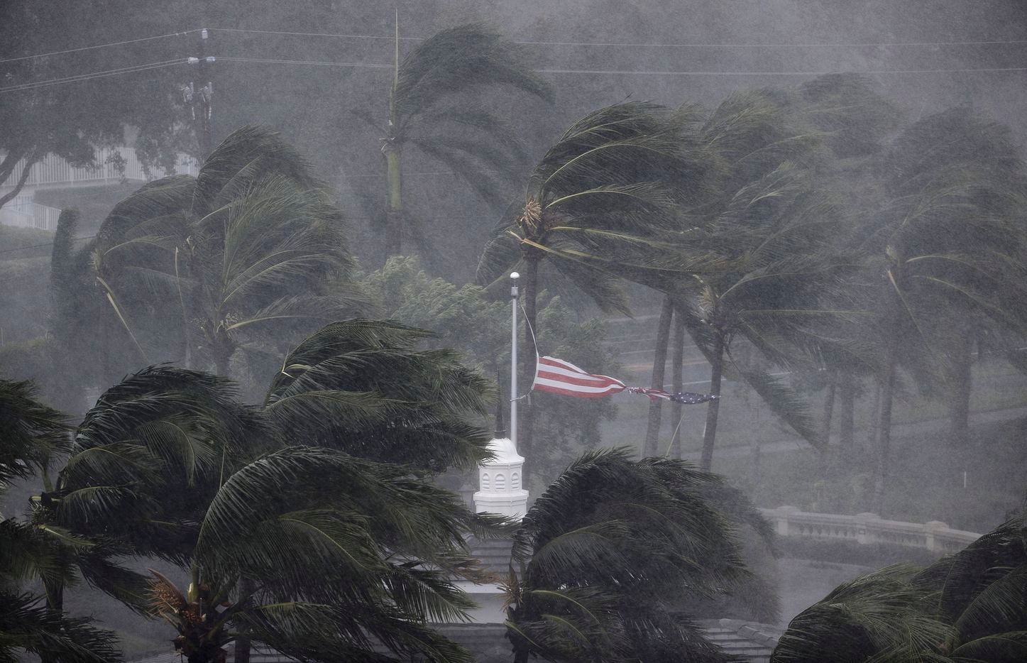 An American flag is torn as Hurricane Irma passes through Naples, Fla., Sunday, Sept. 10,...