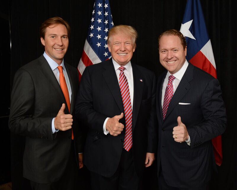 Tommy Hicks Jr., left, with Donald Trump, and Gentry Beach.  The two Dallas businessmen were instrumental in raising millions for the campaign and are credited with helping shape the successful upset campaign.Courtesy Tommy Hicks Jr. 