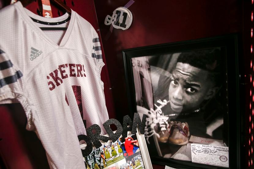 The locker of former Mesquite football player Jordan Edwards is seen on Thursday, Oct. 31,...