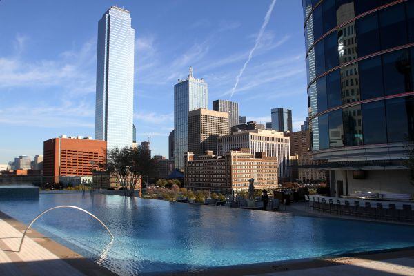 The Uptown Terrace pool area overlooks downtown Dallas.