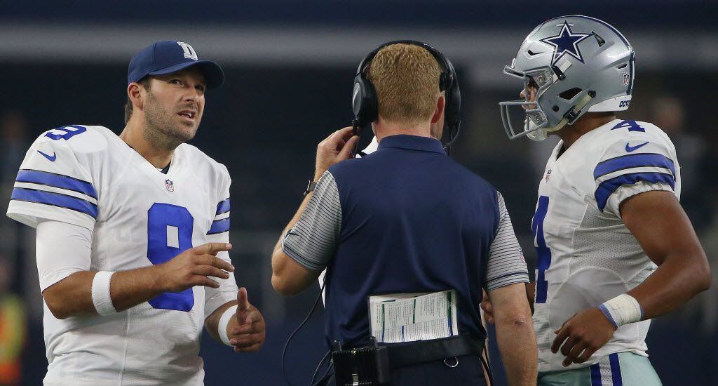 Dallas Cowboys quarterback Tony Romo (9), head coach Jason Garrett and quarterback Dak...