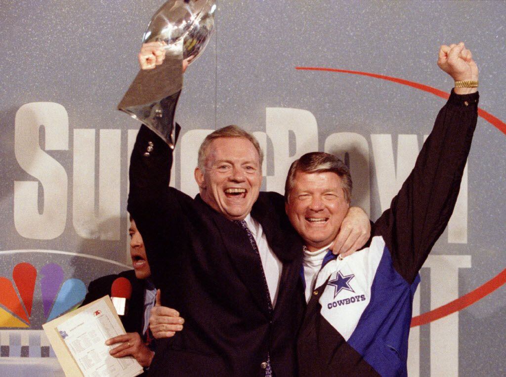 Jerry Jones and Jimmy Johnson with the trophy after the Dallas Cowboys defeated Buffalo in...