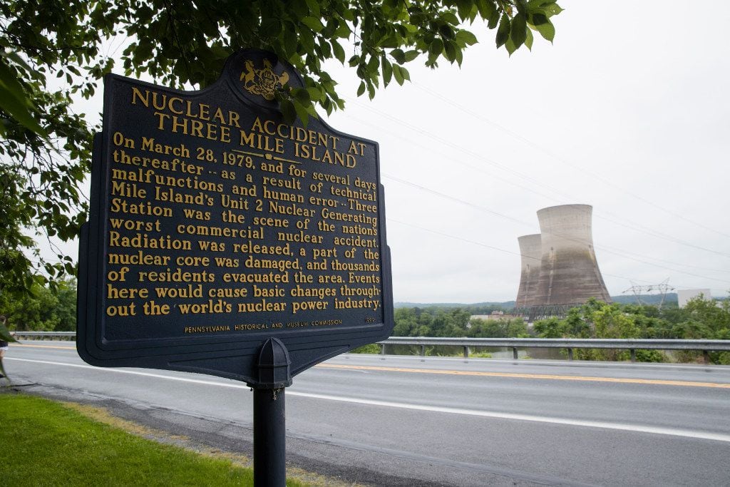 Shown are the unit 2 cooling towers at the Three Mile Island nuclear power plant in...