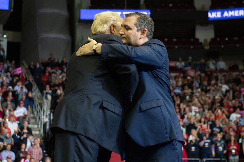 US President Donald Trump greets US Senator Ted Cruz (R), Republican of Texas, during a...