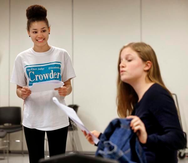 
Alicia Crowder (left) goes through a scene with Madison Bates during a theater class....