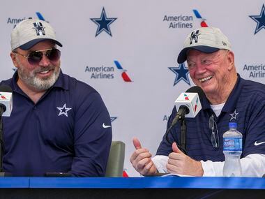 Dallas Cowboys owner and general manager Jerry Jones (right) and Dallas Cowboys head coach Mike McCarthy address the opening news conference for team's training camp on Wednesday, July 21, 2021, in Oxnard, Calif.