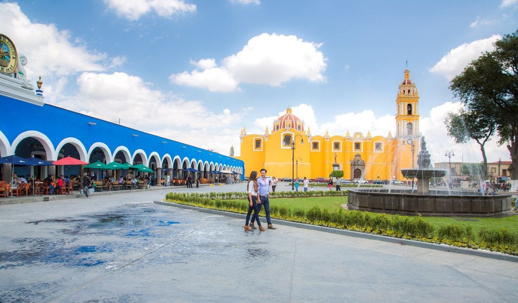 The zocalo, or plaza, is a major gathering spot at Cholula, near Puebla.