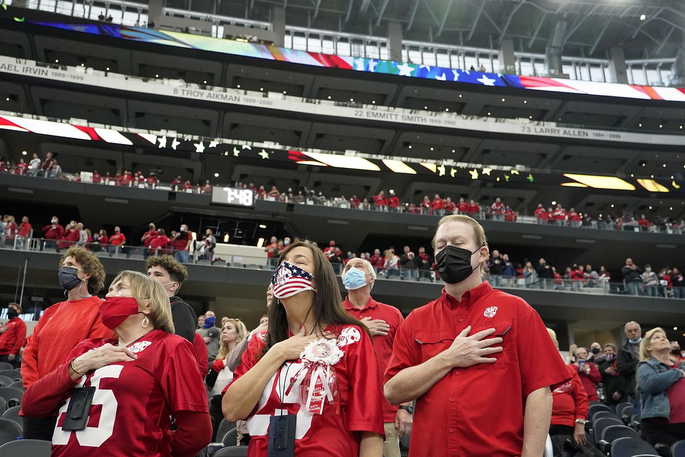 Katy fan stand for the national anthem before the Class 6A Division II state football championship  game against Cedar Hill at AT&T Stadium on Saturday, Jan. 16, 2021, in Arlington, Texas.