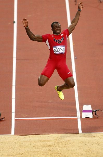 USA's Marquise Goodwin competes in the long jump at Olympic Stadium at the London 2012 Olympics on Saturday, August 4, 2012 in London. Goodwin didn't make it past the cut after three jumps.